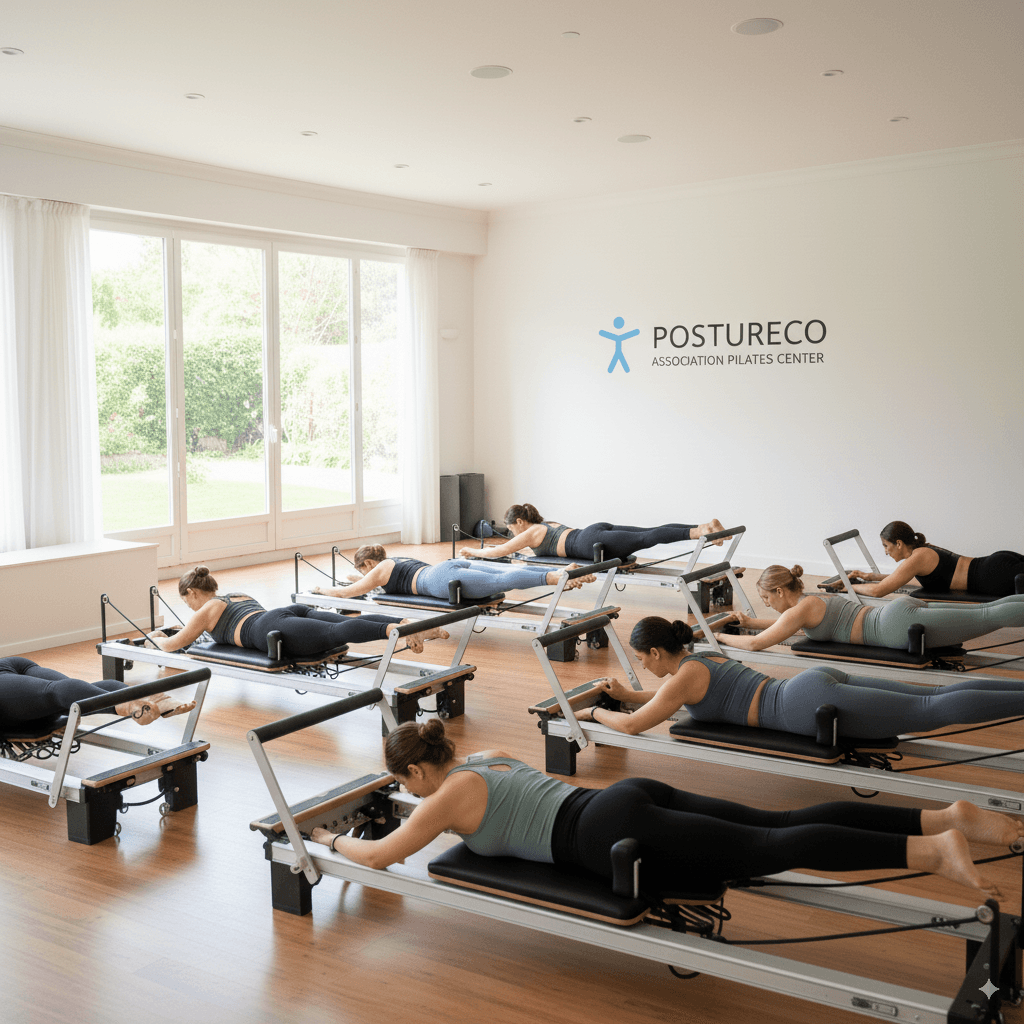 Woman doing pilates exercise on a mat in a bright room.